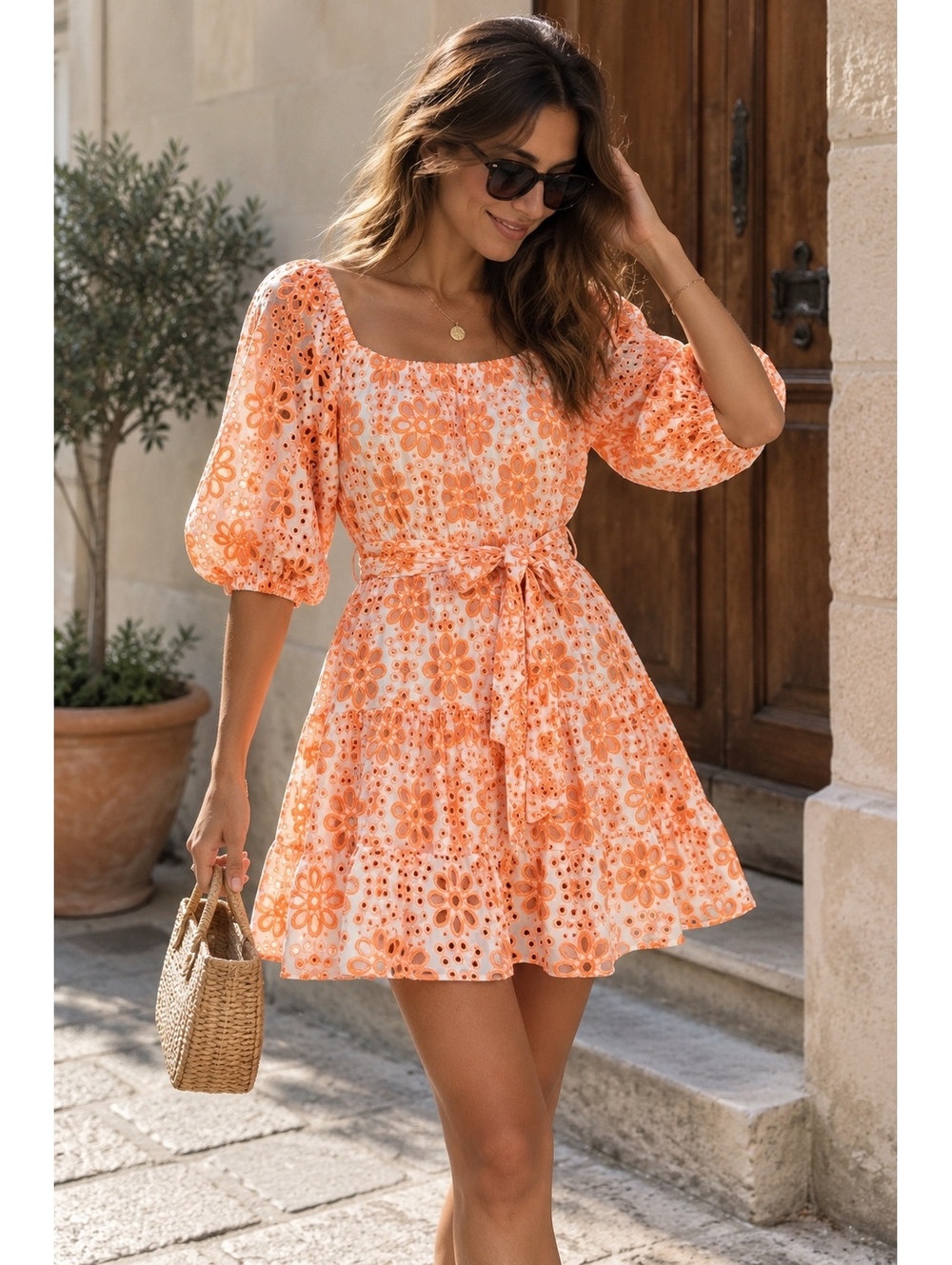 Lilly Pulitzer Eyelet Mini Dress Coral Peach Puff Sleeve Belted Dress Size S